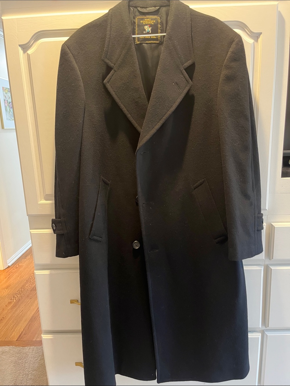Hart Schaffner Marx Black Wool Coat Vintage Union Made 40R x 48L